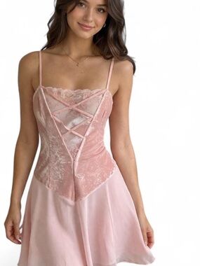 Delicates Y2K Blush Pink Velvet & Chiffon Lace-Up Slip Dress